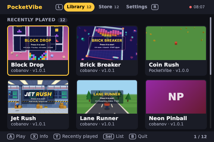 The PocketVibe launcher's Library